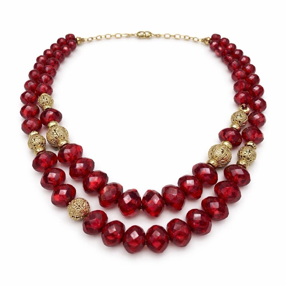 Vintage Robert Rose Red Faceted Bead Necklace 2 Strand Gold Tone Collar